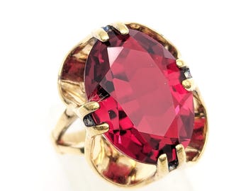 Vintage Vargas Synthetic Ruby & 18K Gold Electroplate Ring - Size 6.75