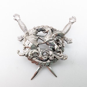 Vintage Heraldic Crossed Swords Griffin Shield Brooch - 2"