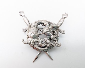 Vintage Heraldic Crossed Swords Griffin Shield Brooch - 2"