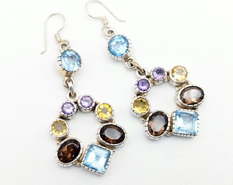 Vintage Sterling Silver Multi Color Gemstone Dangle Earrings