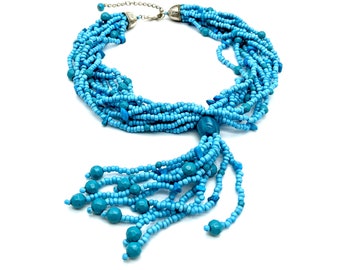 Vintage Turquoise Glass Bead Multi-Strand Y Necklace 16-19" Adjustable
