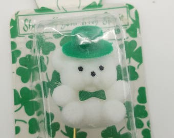 Old Stock Green & White Bear Irish Spirit Lapel Pin - Old Stock St. Patrick's Day Jewelry