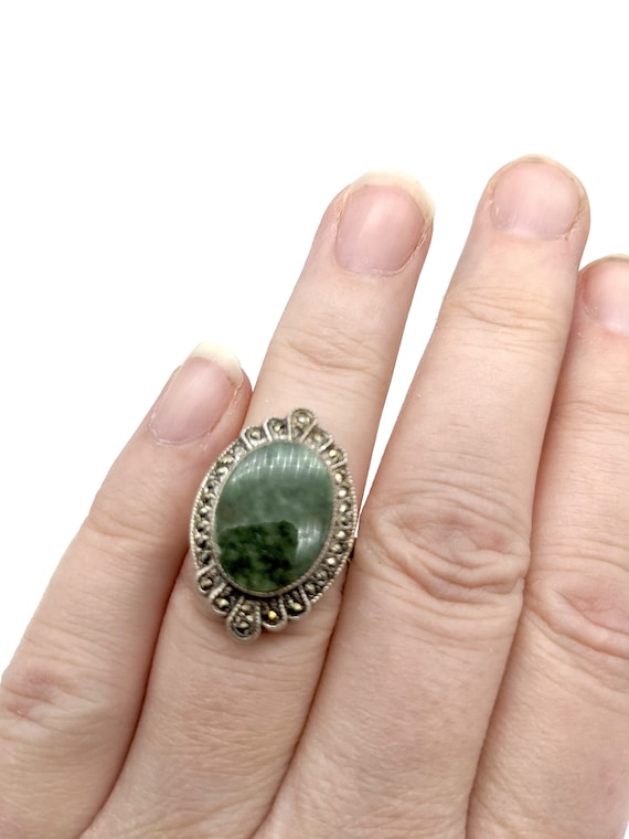 Old Stock Sterling Silver, Jade & Marcasite Ring S