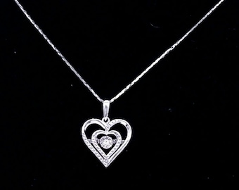 Vintage Sterling Silver & Double CZ Heart Pendant Necklace - 18"