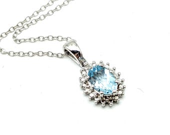 Vintage Blue Topaz, Diamond & Sterling Silver Pendant Necklace - 18"