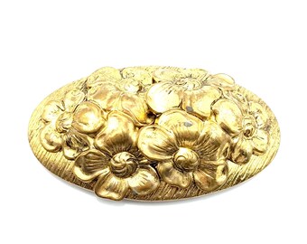 Vintage Floral Pressed Bronze Tone Art Nouveau Style Brooch