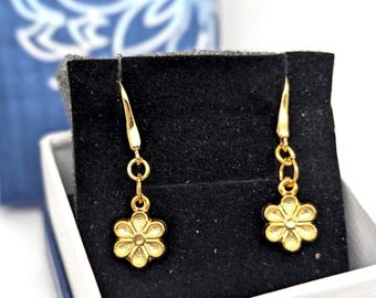 18K Gold Vermeil Sterling Silver Flower Dangle Earrings; Puffy Flower, 3D