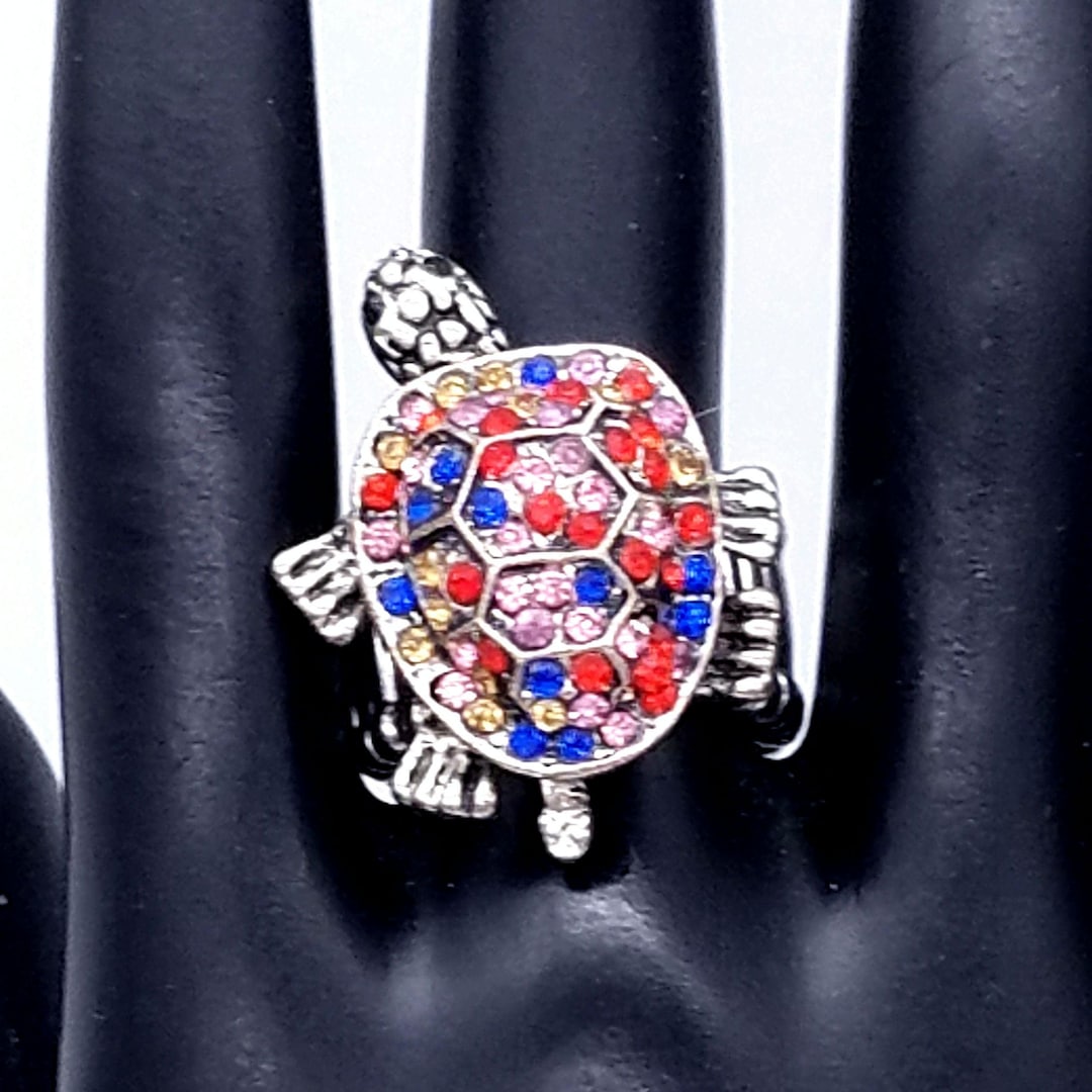Articulated Blue, Pink & Red Rhinestone Silver Tone Turtle Stretch Ring ...