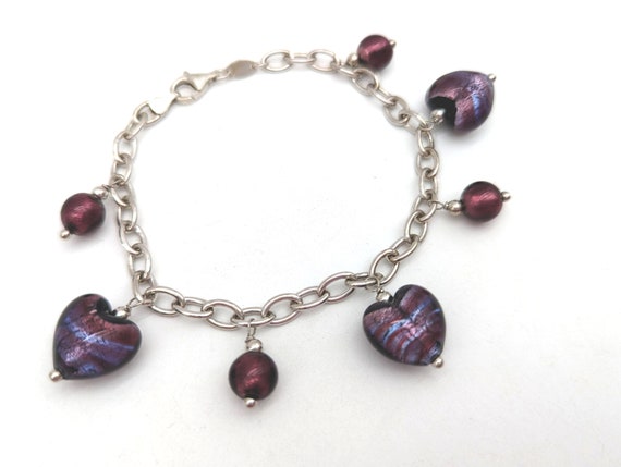 Vintage Sterling Silver & Purple Art Glass Heart … - image 3