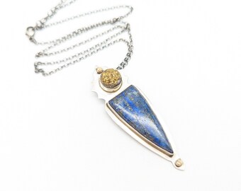 Signed Artisan Blue Lapis & Gold Druzy Sterling Silver Pendant Necklace - 25.5"