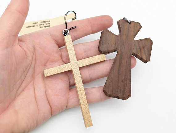 Two Large Vintage Handmade Wood Cross Pendants - image 8