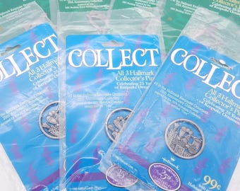 Seven 1998 Hallmark 25th Anniversary Keepsake Ornament Collector's Pins in Original Packages - Train & Rocking Horse