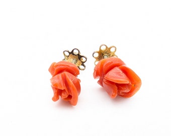 Vintage Carved Coral and Brass Stud Earrings With Screw On Backs