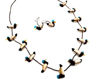 Vintage Zuni Duck Fetish Necklace & Earrings Set, Turqouise, Cowrie Shell, Sterling Silver