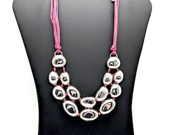 Vintage Hand Knotted Pink & Silver Bead Statement Necklace - 20-23" Adjustable