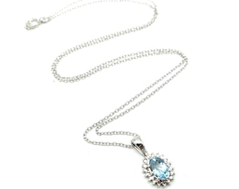 Sterling Silver, Blue Topaz & Diamond Pendant Necklace - 18"