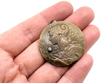 Antique Art Nouveau Cameo Style Brass Pendant