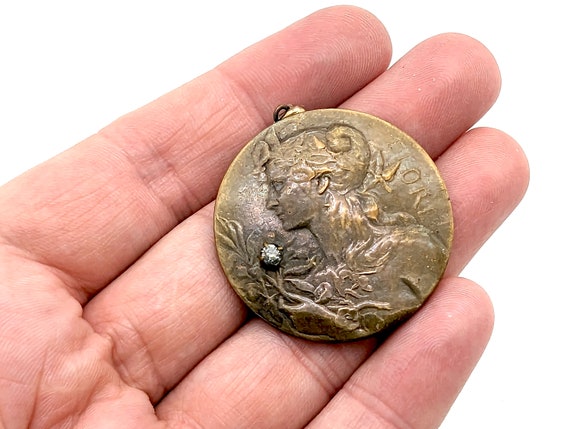 Antique Art Nouveau Cameo Style Brass Pendant - image 1