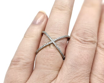Vintage Silver Plated CZ X Ring - Size 7.5