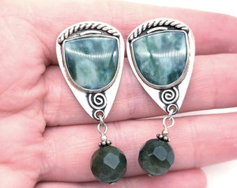 Artisan Sterling Silver & Dark Green Aventurine Quartz Dangle Earrings