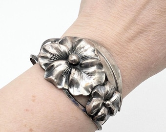 1920s Sterling Silver Double Pansy Wide Cuff Bracelet - 6.5"
