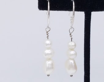 Handmade Triple Pearl Dangle & Sterling Silver Dangle Earrings Upcycled From a Vintage Pearl Necklace