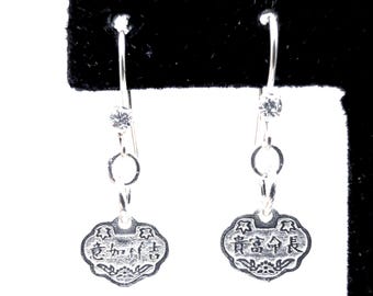 Sterling Silver Chinese Longevity Lock Charm Earrings, Good Luck, Fortune, Wealth