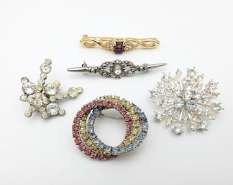 Lot of 5 Vintage Wearable Rhinestone Brooches; Circle, Starburst, Bar Styles