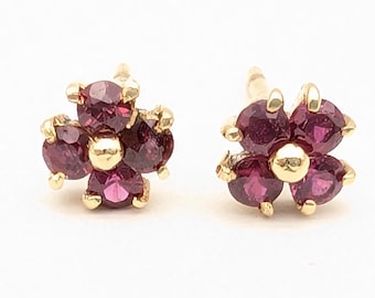 Natural Ruby & 14K Yellow Gold Flower Stud Earrings
