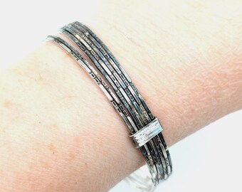 Set of 7 Oxidized, Etched 1mm Sterling Silver Bangle Bracelets Connected