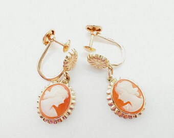 Vintage 10K Yellow Gold Carved Shell Cameo Dangle Screw-Back Earrings