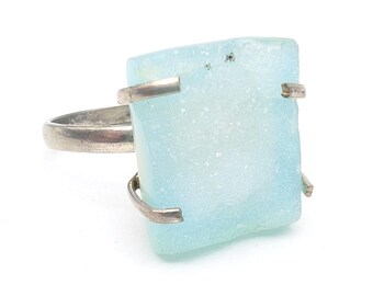 Sterling Silver & Aquamarine Druzy Ring - Size 7.25