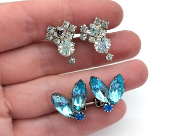 Two Pairs of Vintage Silver Tone Rhinestone Earrings, Blue Clip and Clear Screw Back