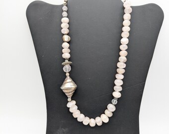 Vintage Beaded Rose Quartz Silver Plated Necklace - 22"