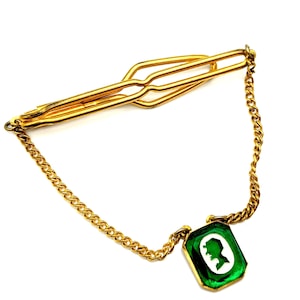 Vintage Man in Hat Green & White Lucite and Gold Tone Tie Bar With Chain