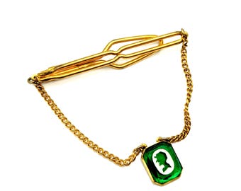 Vintage Man in Hat Green & White Lucite and Gold Tone Tie Bar With Chain