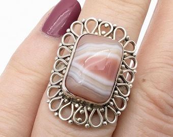 Pink Banded Agate & Sterling Silver Ring - Size 7.25