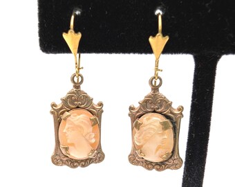 Antique Gold-Filled & Carved Shell Cameo Dangle Earrings