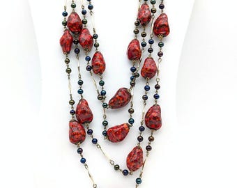 Multi-Strand Red Glass & Faux Pearl Bead Statement Necklace - 21"