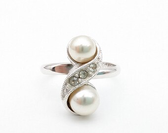 Vintage Sarah Coventry Silver Faux Pearl Rhinestone "Dusk Adjustable Ring