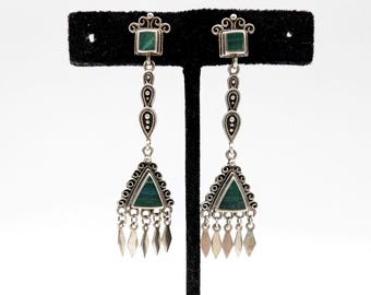 Artisan Vintage Sterling Silver & Malachite Dangle Earrings