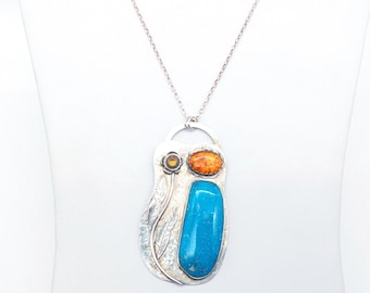 Turquoise & Sterling Silver Modernist Leaf Pendant Necklace