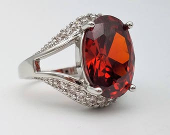 Sterling Silver & Large Oval Cut Red-Orange Simulated Garnet and CZ  Ring - Size 7