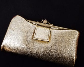Vintage Gold Lame Faux Leather Fold Open Evening Bag/Clutch