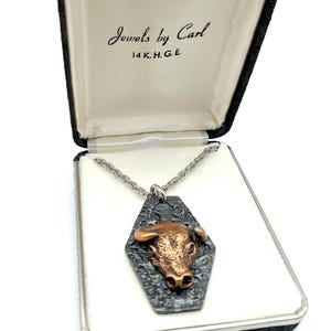 14K Gold Plated Pewter Bull Head Taurus Pendant Necklace, Jewels by Carl