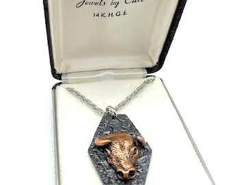 14K Gold Plated Pewter Bull Head Taurus Pendant Necklace, Jewels by Carl