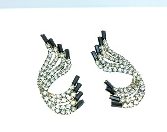 Vintage Silver Tone & Black and White Rhinestone Swirl Prom / Wedding Earrings