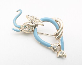Vintage Blue Enameled & Gold Tone Rhinestone Elephant Brooch -2"