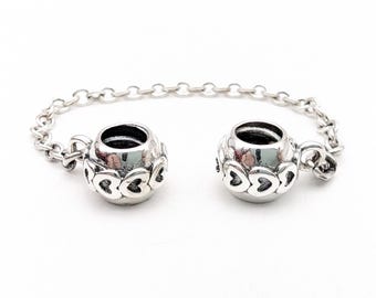 Sterling Silver Hearts Band Double Slide Safety Chain Pandora Beads