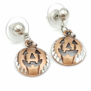 Pewter and Copper-Washed Jack-o'-Lantern Pumpkin Dangle Earrings